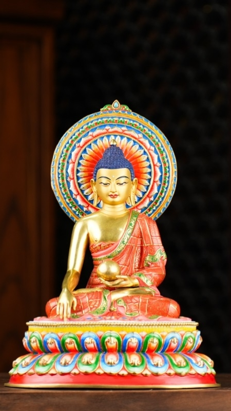 Gilt painted Shakyamuni Buddha statue in Tibetan Buddhist style, handcrafted from purple copper with traditional mineral pigments, authentic Tibetan Buddhist statues and Buddha Statue Art for shrine and meditation space