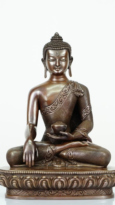 Shakyamuni Buddha Statue made from pure copper and mineral pigments, handcrafted with intricate details, perfect for meditation and spiritual practices.