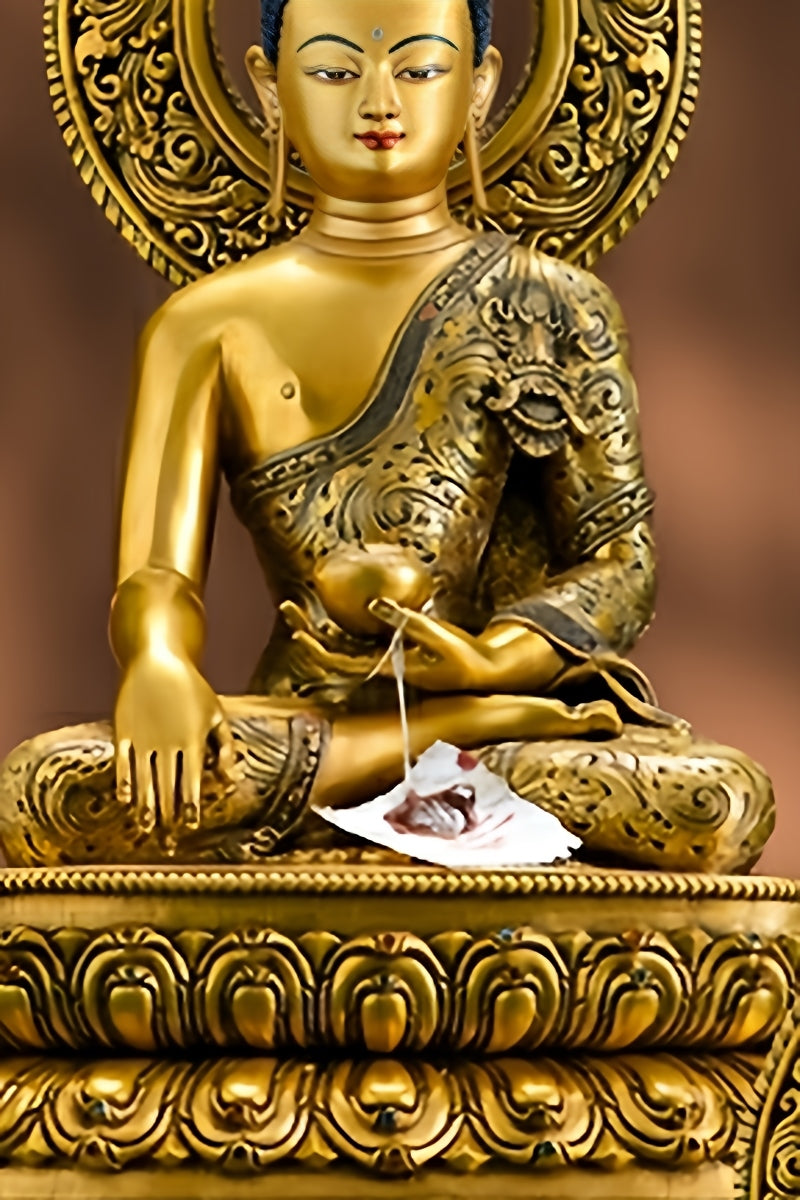 Detailed Tibetan Buddha art sculpture of Shakyamuni, hand-painted with mineral pigments in authentic Himalayan style.