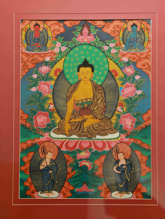 Hand-painted Tibetan Thangka of Shakyamuni Buddha on canvas, crafted with natural mineral pigments.