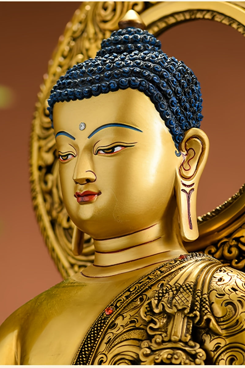 Sacred Shakyamuni Buddha copper statue in Tibetan Buddha art style, handmade and painted with devotion by skilled artisans.