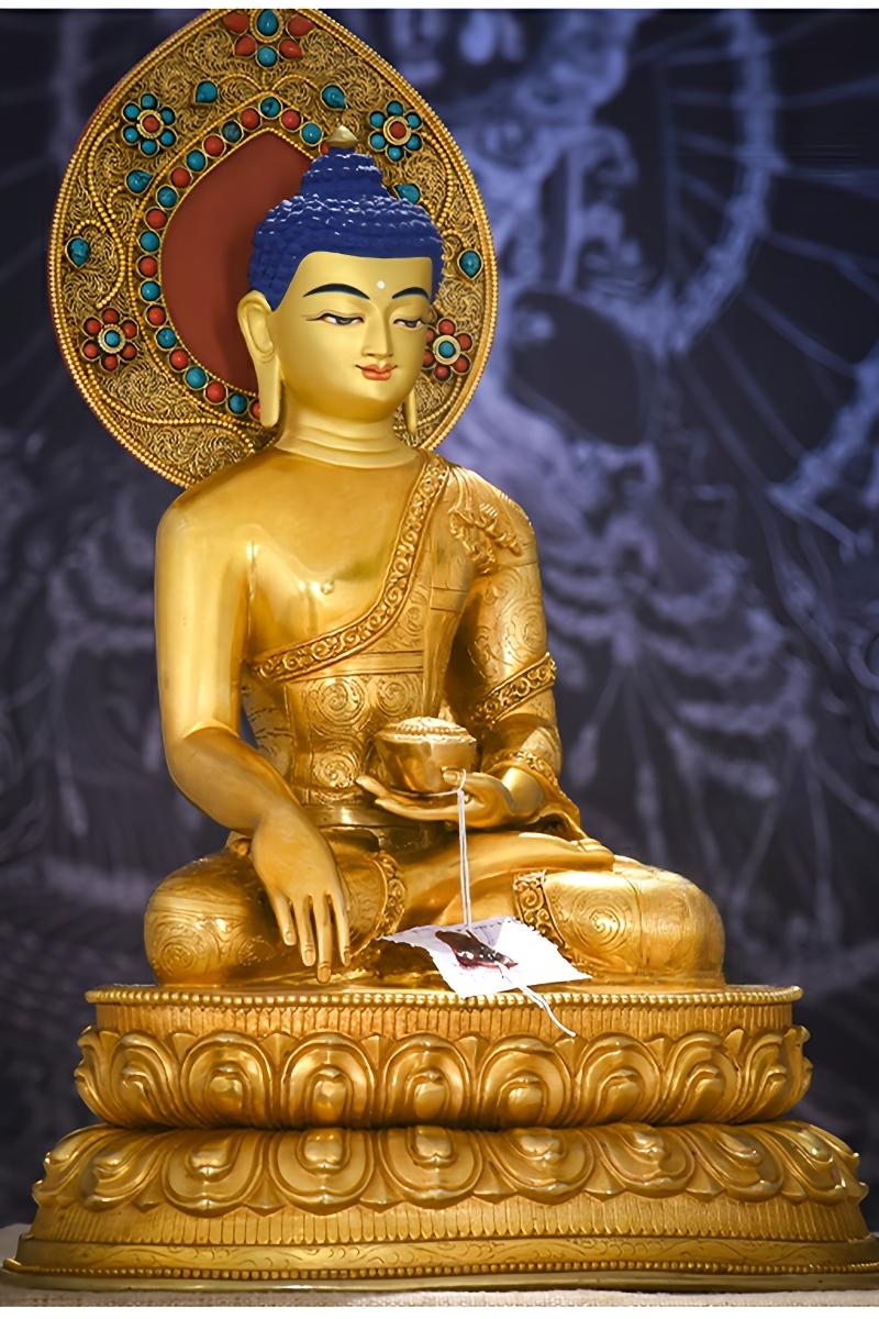 Hand-painted Shakyamuni Three Buddhas statue, Tibetan-Buddhist copper sculpture representing wisdom and compassion.
