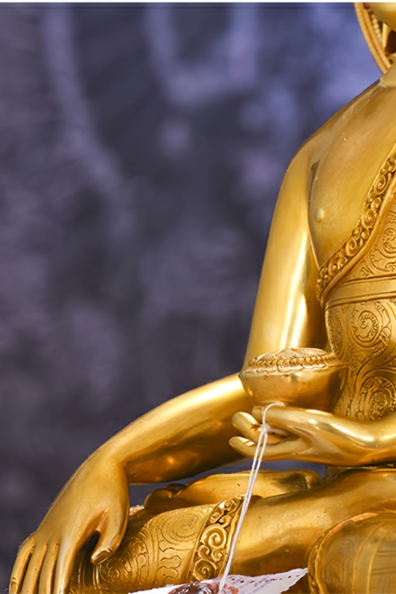 Tibetan-Buddhist triple Buddha statue set, handcrafted copper with vibrant mineral pigments, a masterpiece of Tibetan Buddha art.