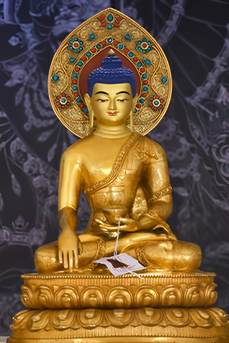 Tibetan-Buddhist Three Buddhas handcrafted statue, detailed hand-painting expressing enlightenment through Buddha art tradition.