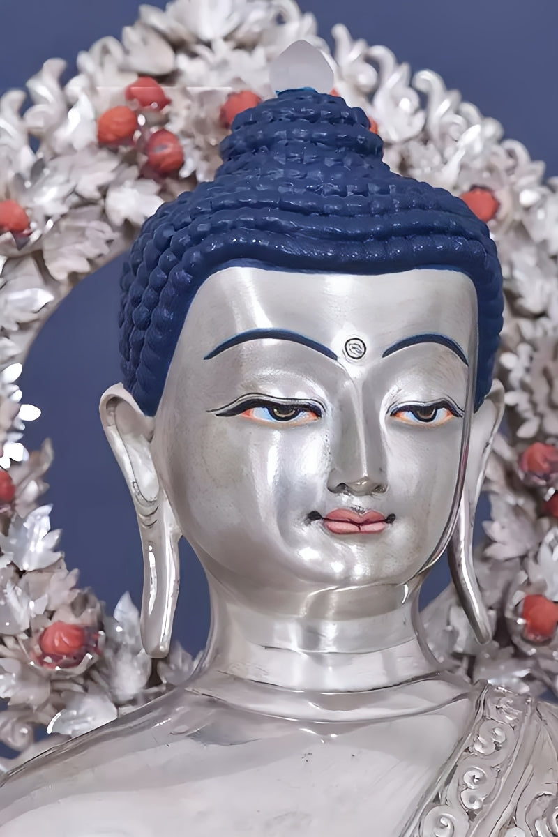Tibetan-buddhist Shakyamuni Buddha silver statue, pure handcraft and hand-painting, timeless Buddha art for practice and decor.
