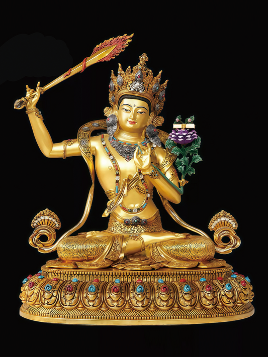 Exquisite real gold-gilded Manjushri Bodhisattva statue, a pinnacle of Tibetan Buddhist statues and Buddha Statue-Art for 2026.