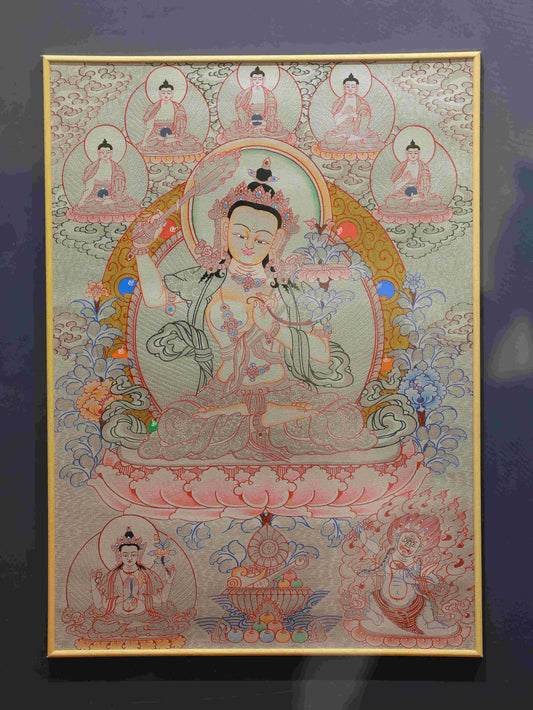Hand-painted Tibetan Buddhist Silver Foil Manjushri Thangka for wisdom and knowledge.