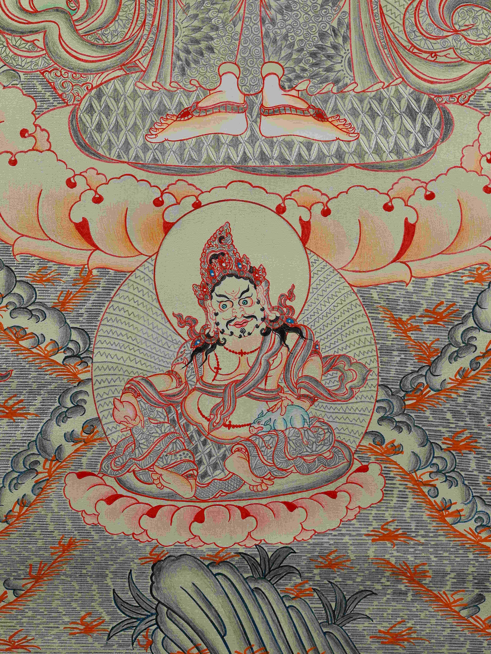Tibetan Buddhist Silver Foil Thangka Painting – Avalokiteshvara Sacred Art on thangka canvas.