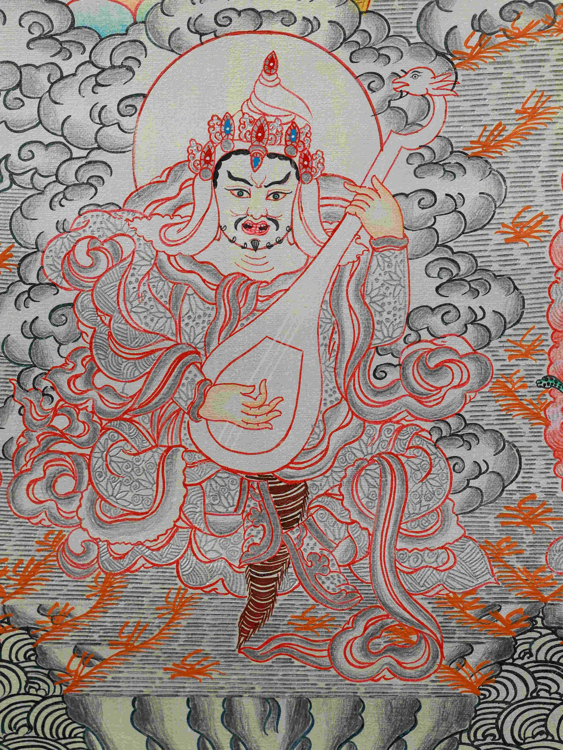 Tibetan Buddhist Silver Foil Thangka Painting – Yellow Dzambhala sacred art for attracting wealth.