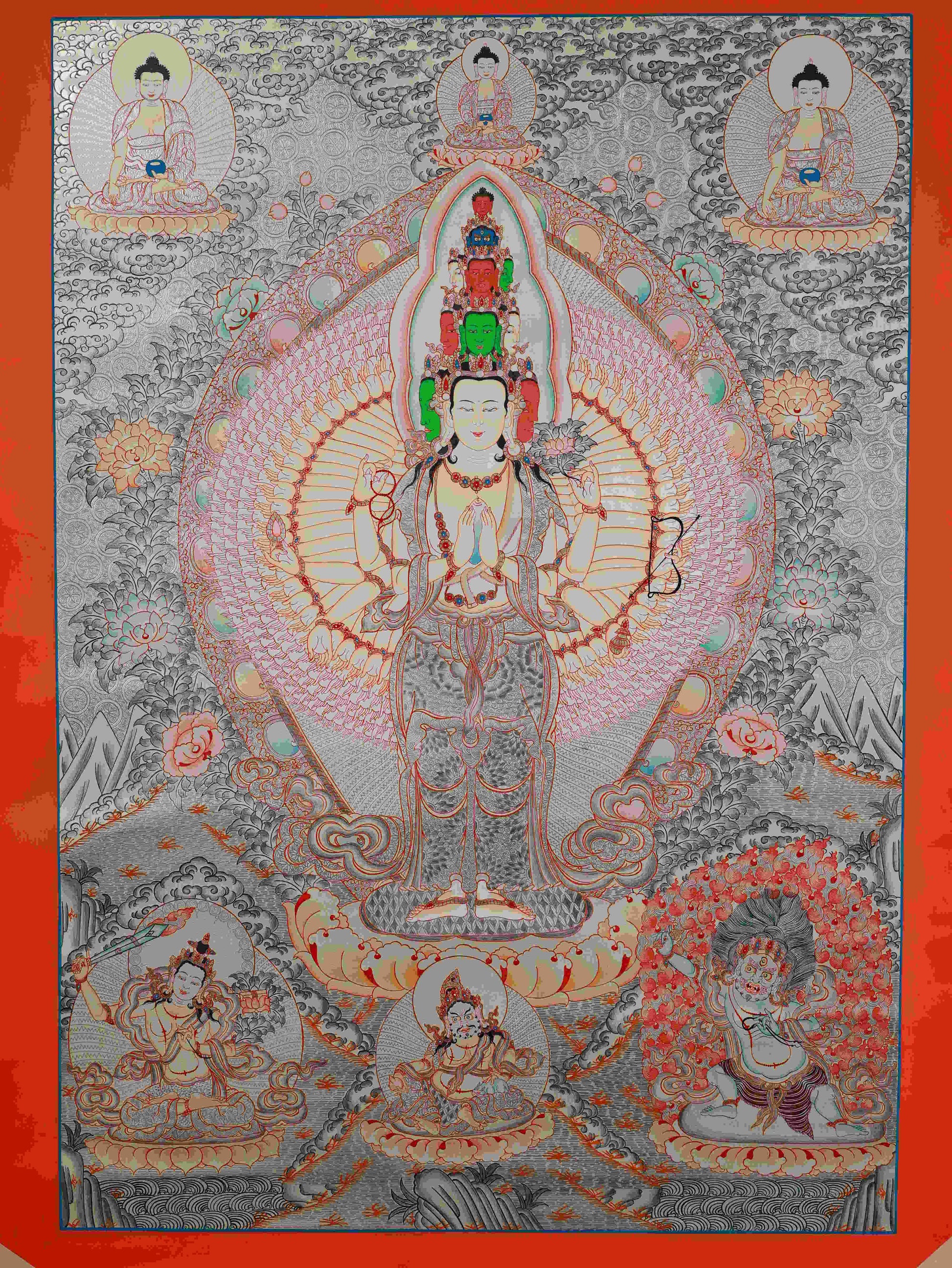Hand-painted Tibetan Buddhist Silver Foil Thousand-Arms Avalokiteshvara Thangka Painting – traditional Tibetan thangka art on canvas.