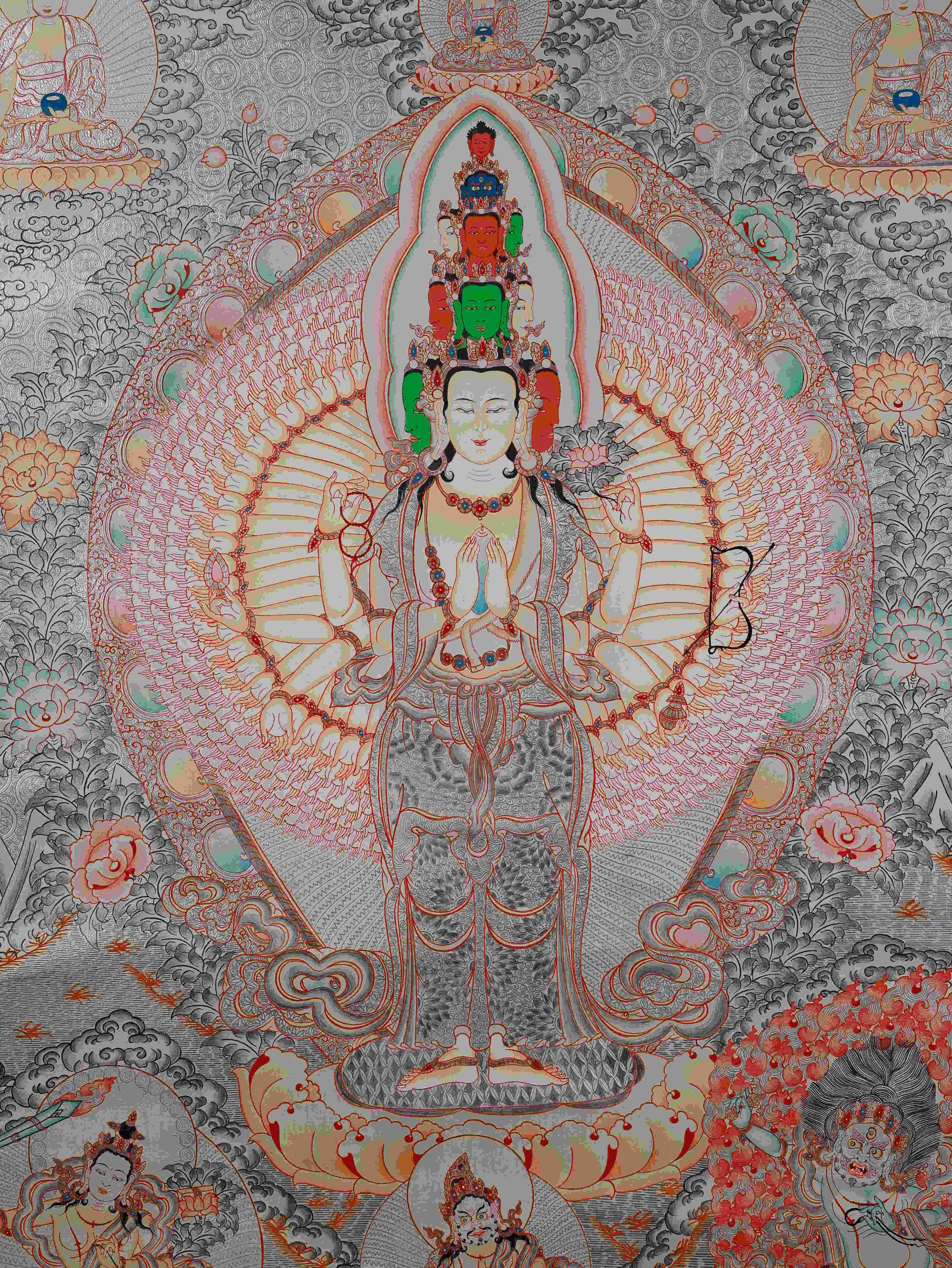 Silver Foil Hand-Painted Thousand-Arms Avalokiteshvara – traditional Tibetan Thangka Painting.