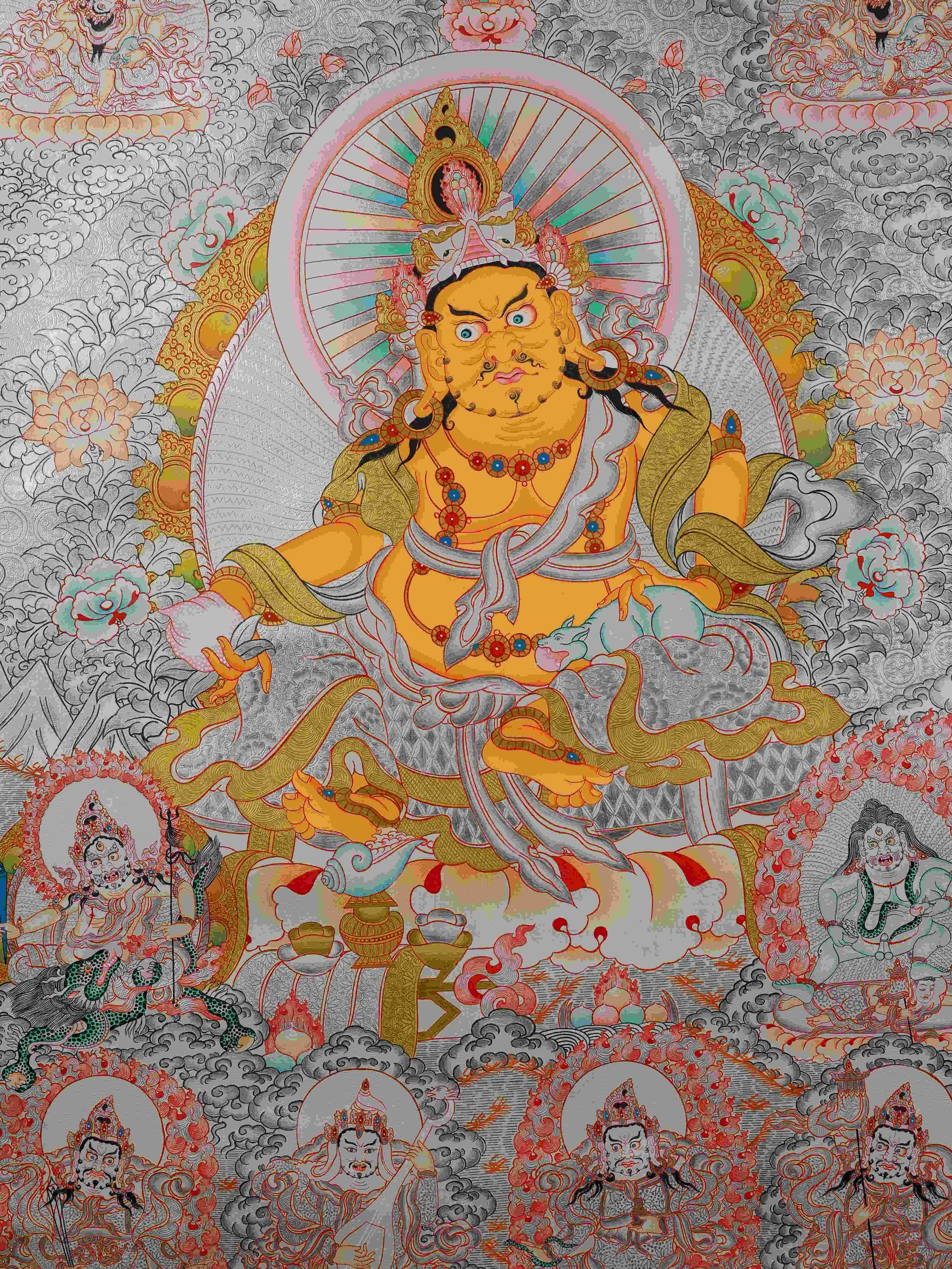 Silver Foil Tibetan Thangka Painting of Yellow Dzambhala – Buddhist artwork for prosperity and blessings.