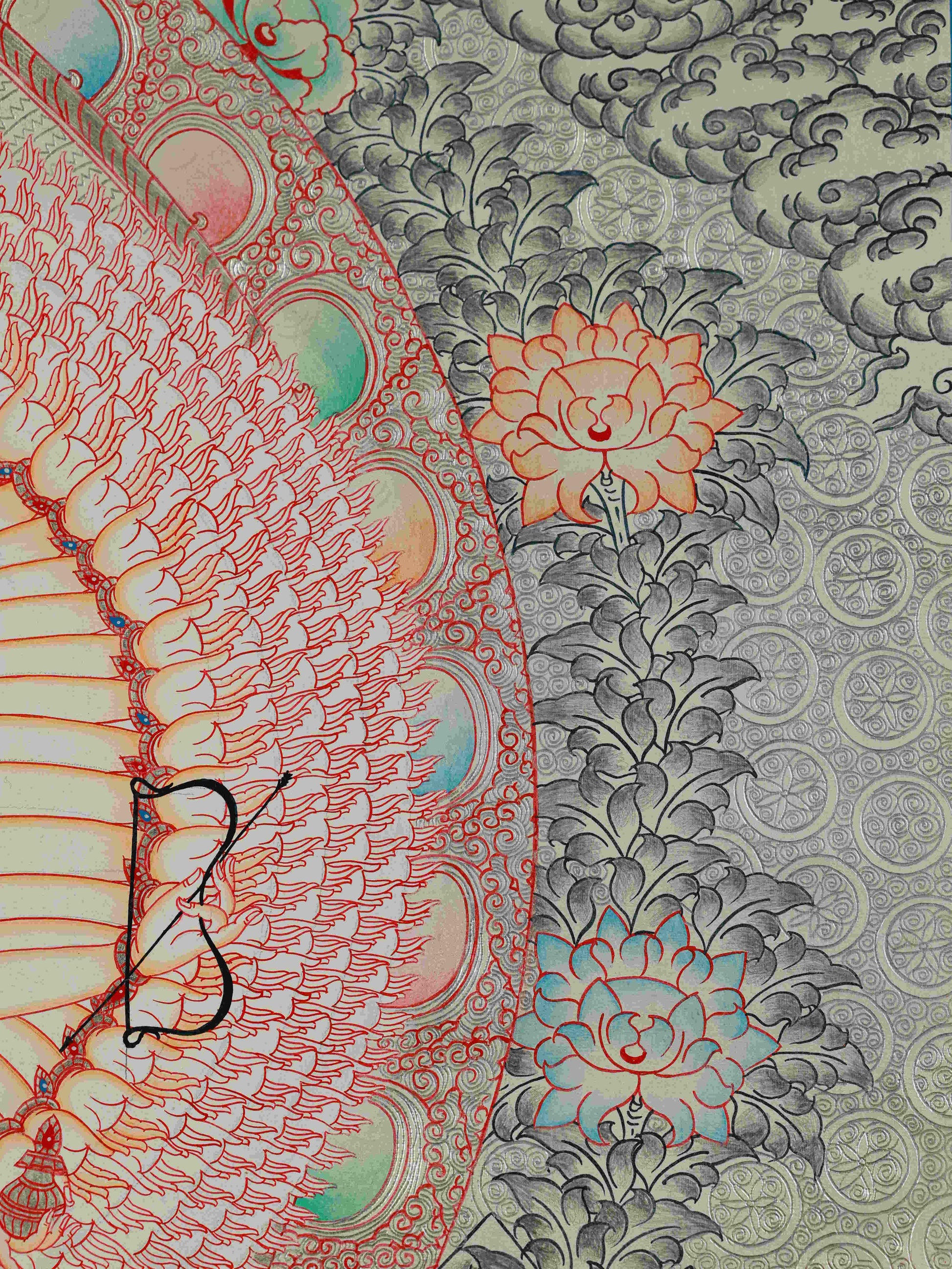 Handcrafted Tibetan Thangka Painting – Silver Leaf Thousand-Hand Guanyin for spiritual inspiration.