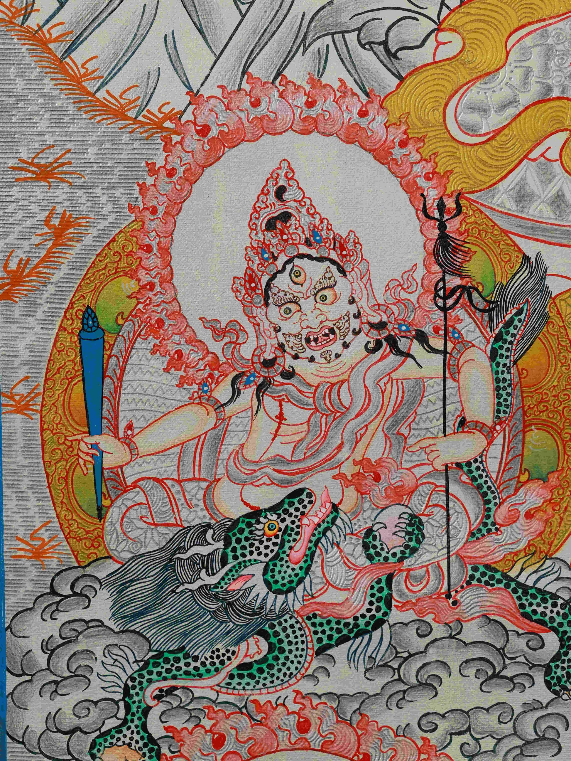 Handmade Tibetan Thangka Painting – Silver Leaf Yellow Dzambhala for prosperity and good fortune.