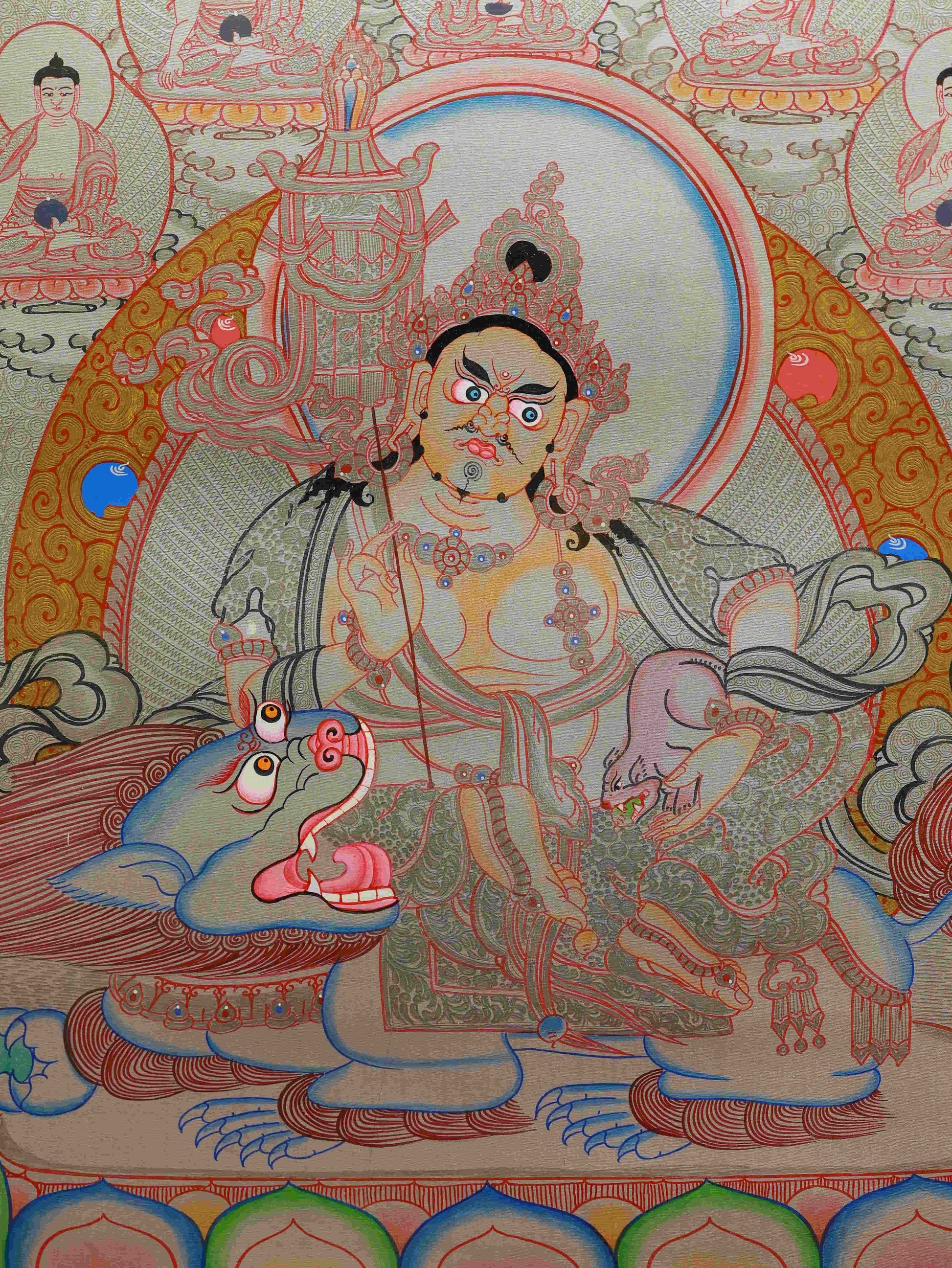 Hand-painted Silver Foil Tibetan Thangka of Yellow Dzambhala – authentic Buddhist thangka painting.
