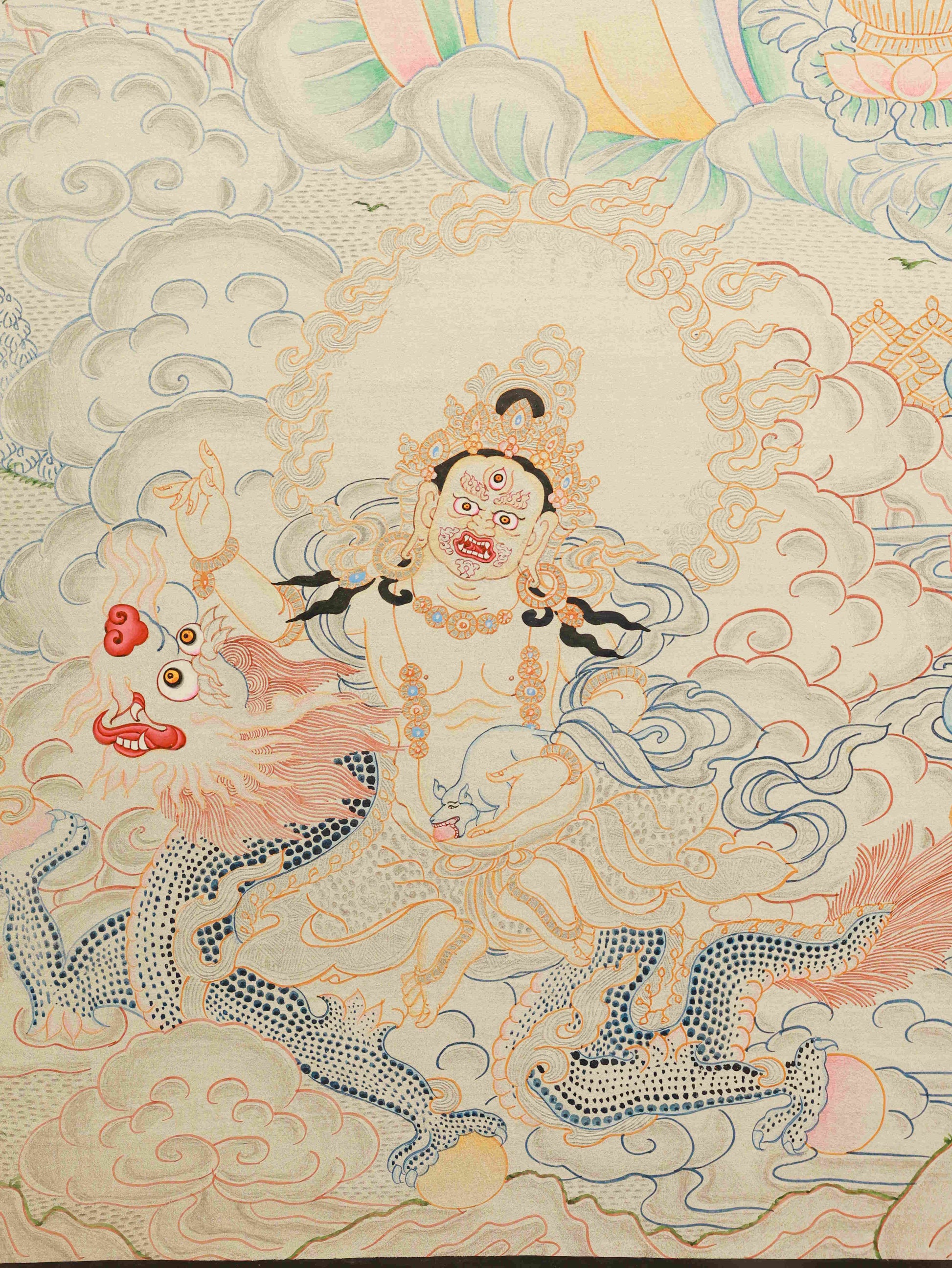 Handmade Tibetan Buddhist Silver Foil Yellow Jambhala Thangka – sacred Buddhist thangka art symbolizing fortune.