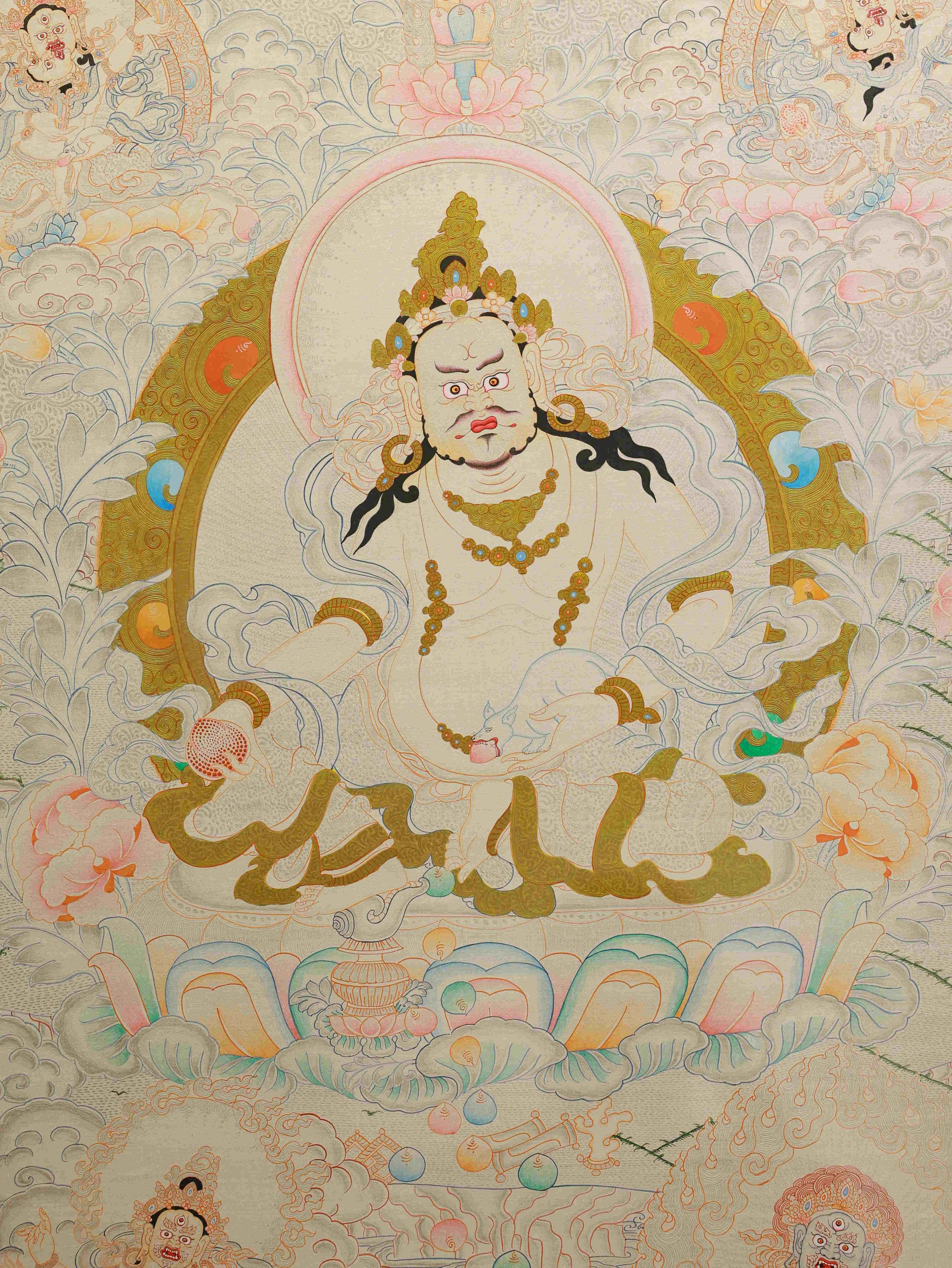 Silver Foil Yellow Jambhala Hand-Painted Tibetan Thangka – Tibetan Buddhist art representing prosperity and fortune.