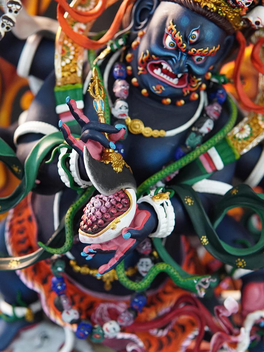 Six-armed Mahakala protector statue, Tibetan Buddhist handmade painted brass sculpture, detailed Tibetan Buddhist statues artwork.