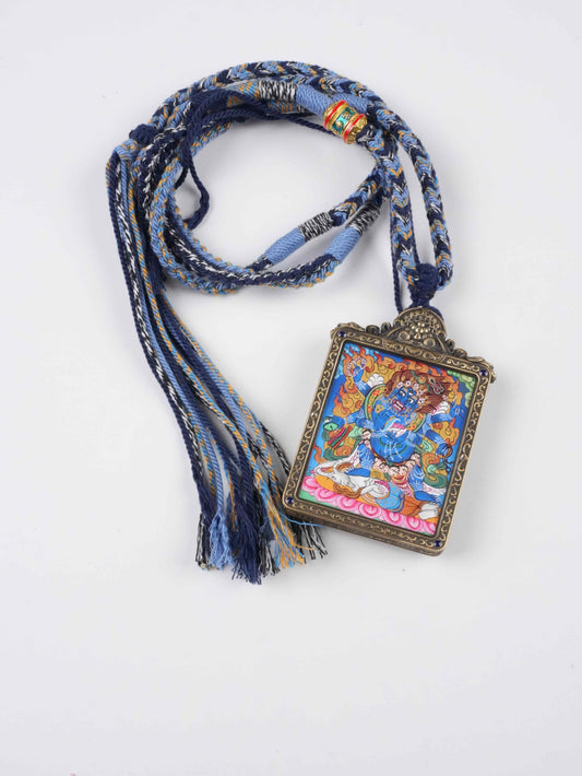 Hand-painted Tibetan Six-Armed Mahakala Thangka Gau pendant representing divine power and protection.