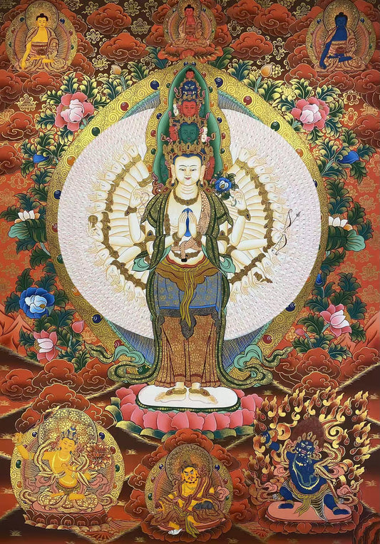 Sacred Mahayana Thangka Painting - Guan Yin Buddha | Handmade Himalayan Buddhist Art