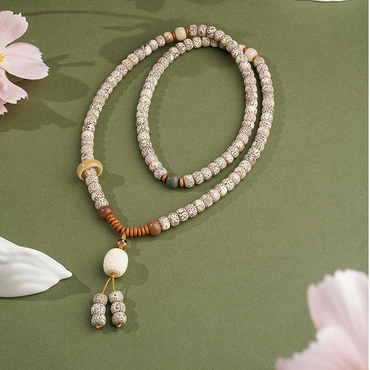Tibetan Buddhist starry Bodhi 108-bead necklace crafted with Bodhi seeds, olive nut spacers and copper elements, meditation mala.