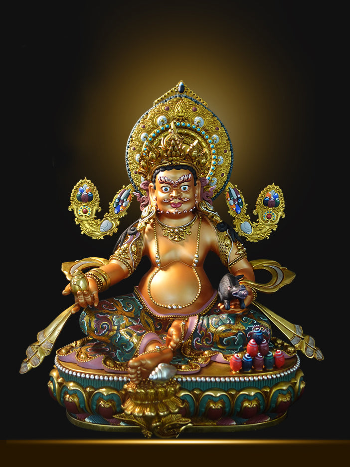 A handcrafted brass statue of Yellow Jambhala, a masterwork of Buddha statue art. Enshrined to activate energies of financial prosperity and remove obstacles to success.