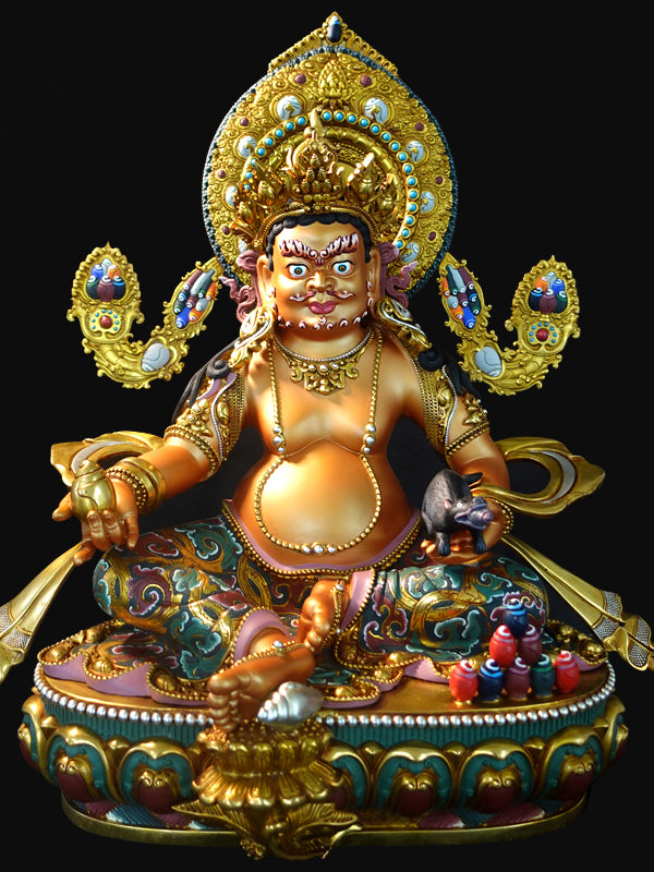 Yellow Jambhala, the primary Wealth Deity statue in Tibetan Buddhism. This hand-painted brass tantric art piece is essential for business and wealth altars.
