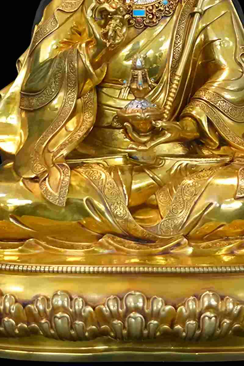 Authentic Tibetan Buddhist Lotus Born Buddha Statue, Yellow Brass with Handcrafted Mineral Painting, Tibetan Buddha Art