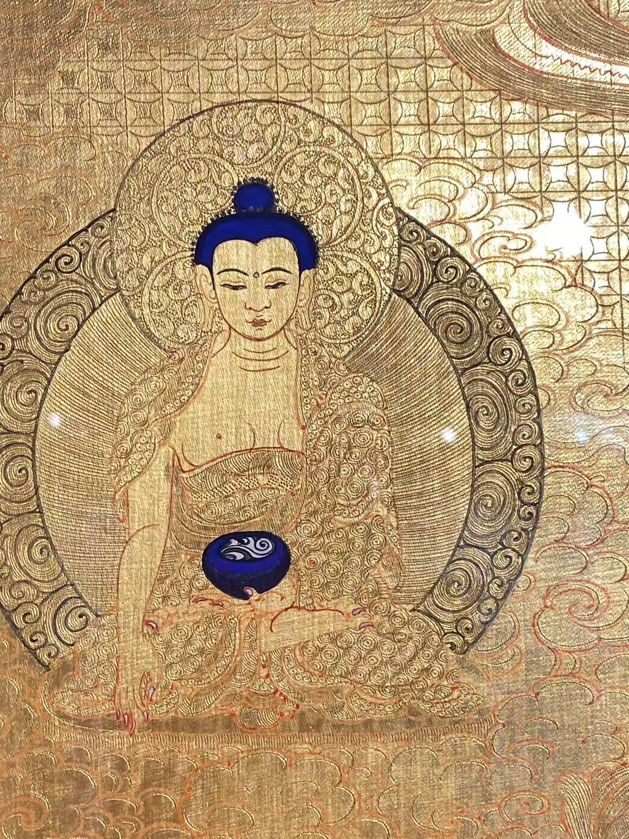 Traditional Tibetan Rebgong Thangka of Four-Armed Avalokiteshvara, painted with mineral pigments