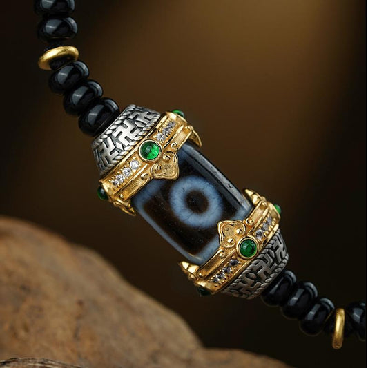 Alt: "Tibetan Buddhist Thangka painting inspired agate eye bead necklace, handmade with mystical symbolism, perfect for spiritual wear."