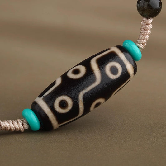 Tibetan Buddhist nine-eye agate pendant with Thangka design in copper and silver material.