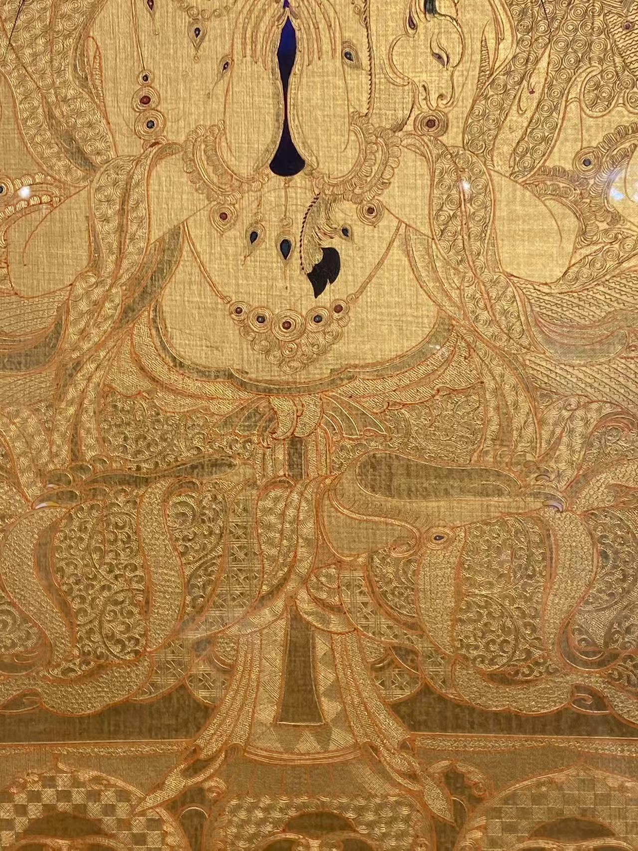 Exquisite Rebgong Thangka wall art of Four-Armed Avalokiteshvara, perfect for Buddhist altar