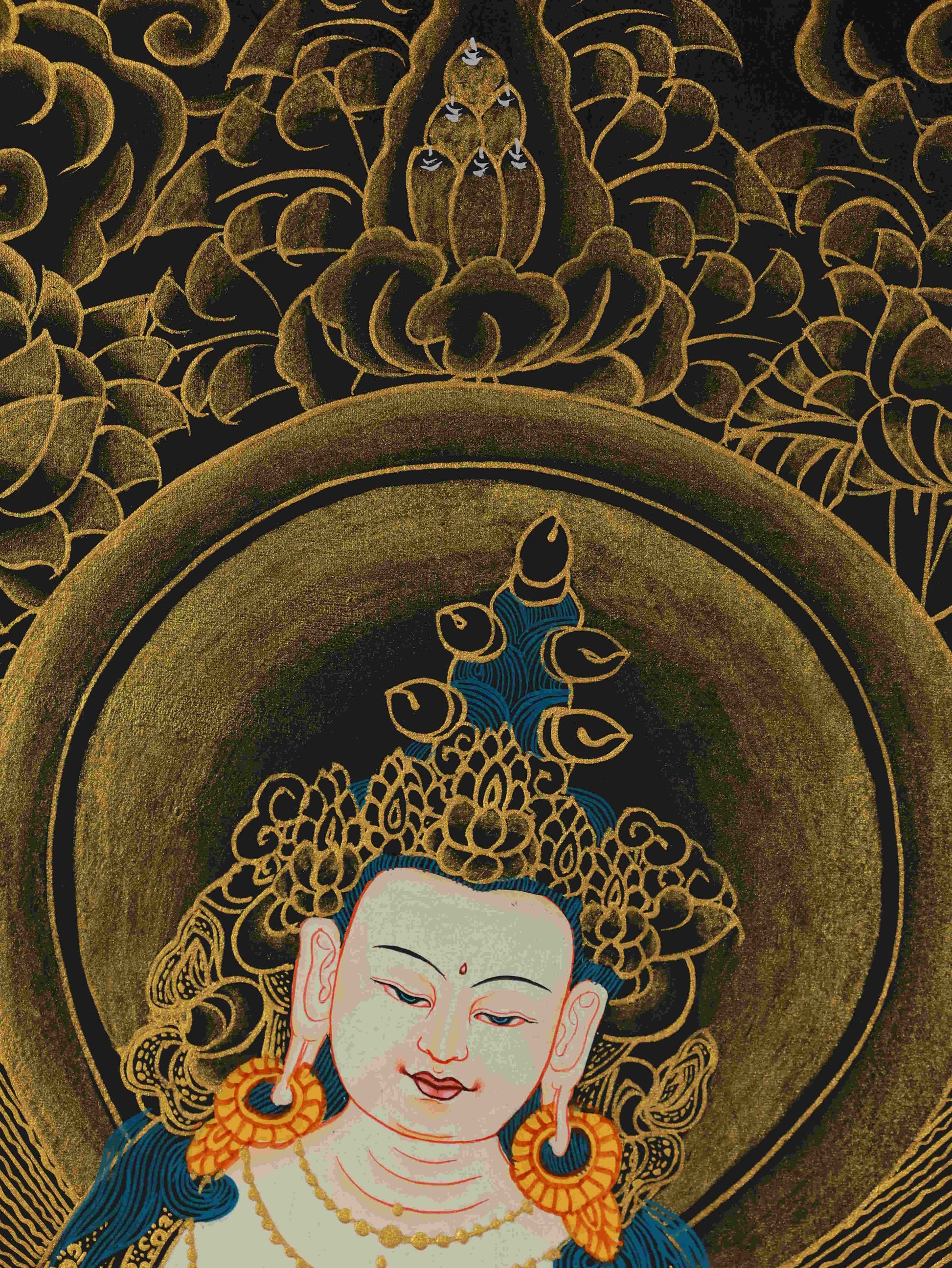 Black and Gold Tibetan Thangka Painting of Samantabhadra – handcrafted Buddhist thangka painting.