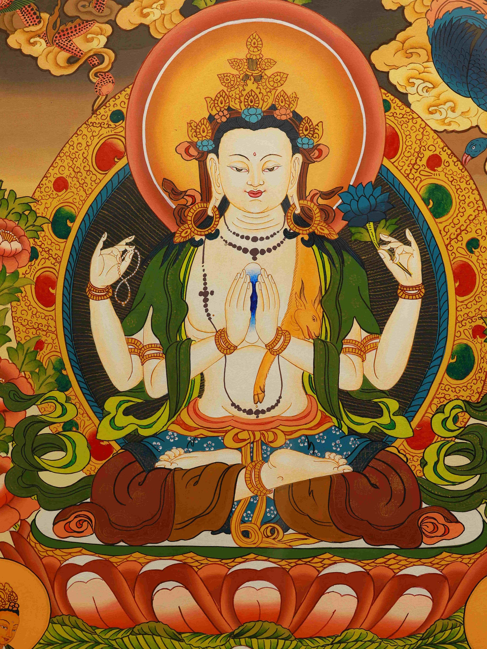 Tibetan Buddhist Four-Armed Chenrezig and Manjushri Thangka - Sacred Union Art