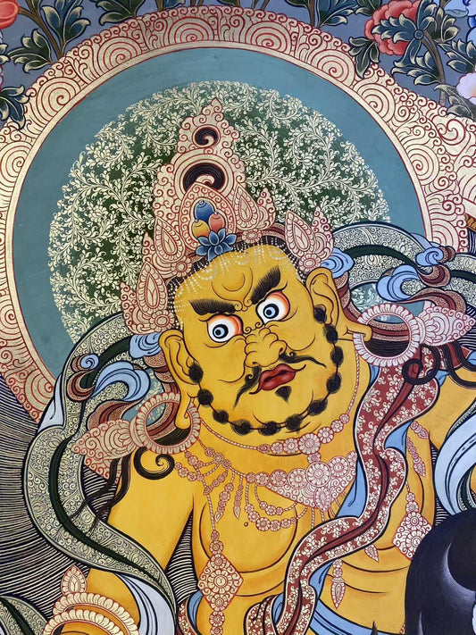 Tibetan Buddhist Thangka - Five Wealth Gods Art for attracting abundance and good fortune.