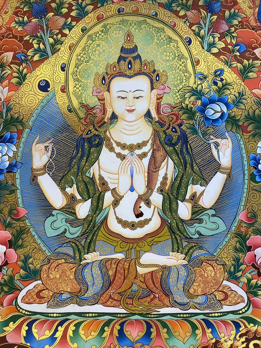Handcrafted Tibetan Buddhist Thangka of Four-Armed Guan Yin with Intricate Detail