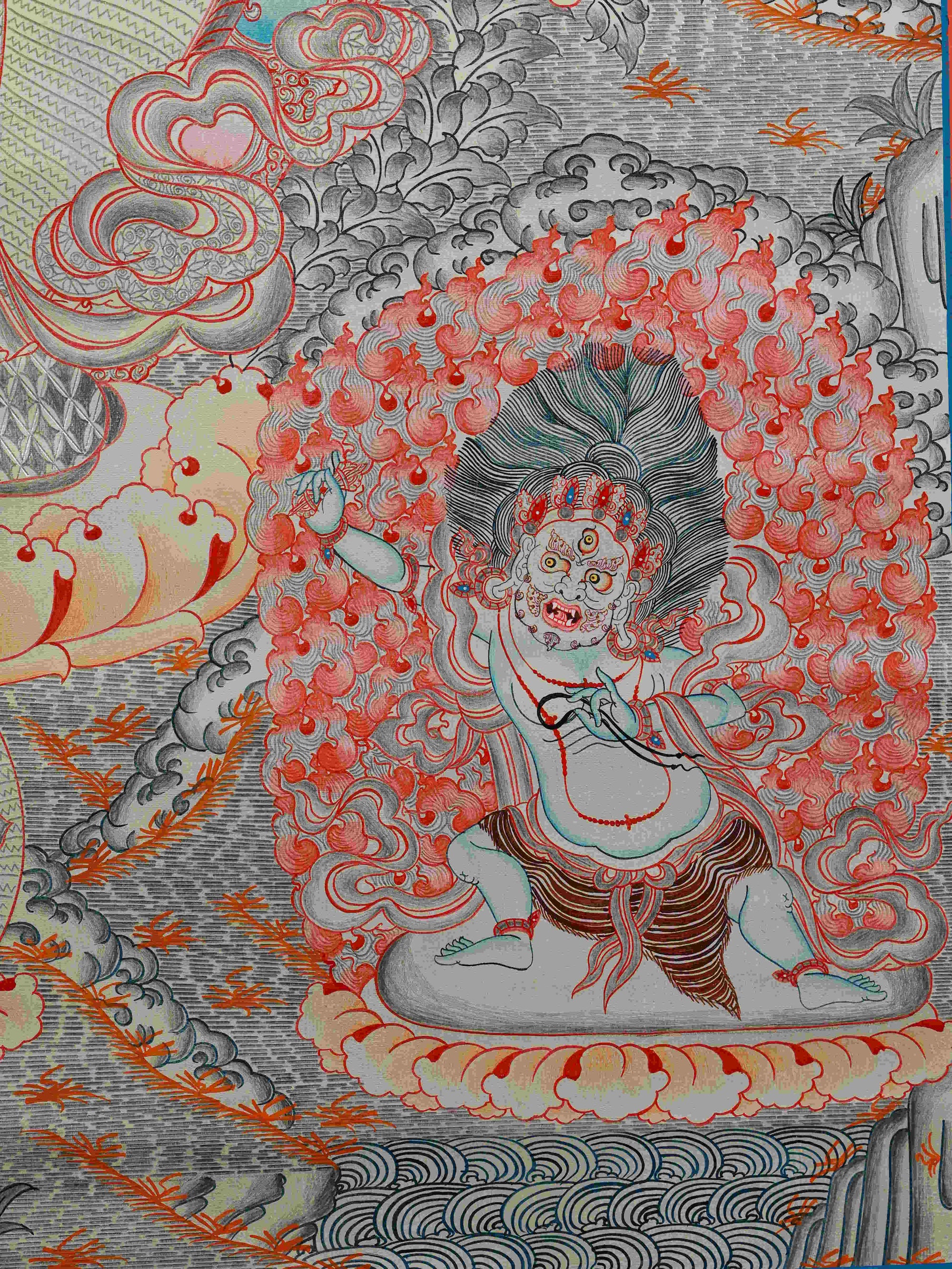 Hand-painted Silver Foil Tibetan Thangka – Avalokiteshvara Buddhist Art for sacred decoration.