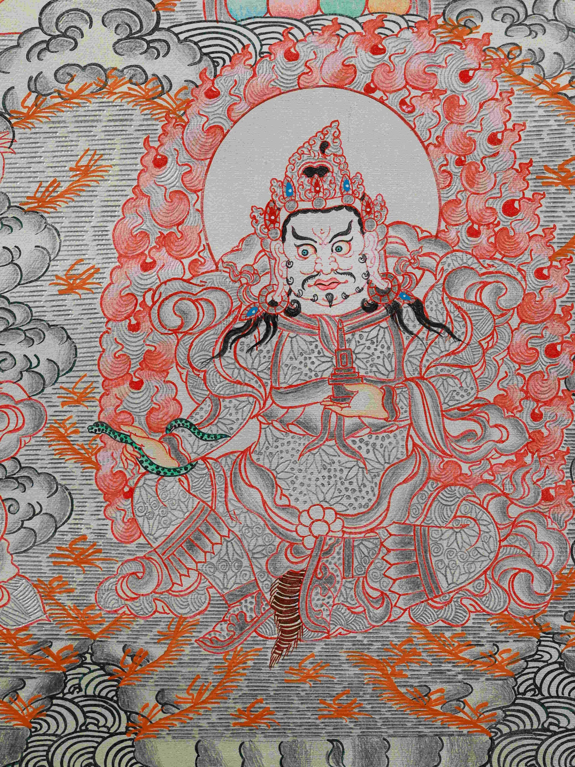 Handcrafted Tibetan Thangka Painting – Silver Leaf Yellow Dzambhala for abundance and prosperity.