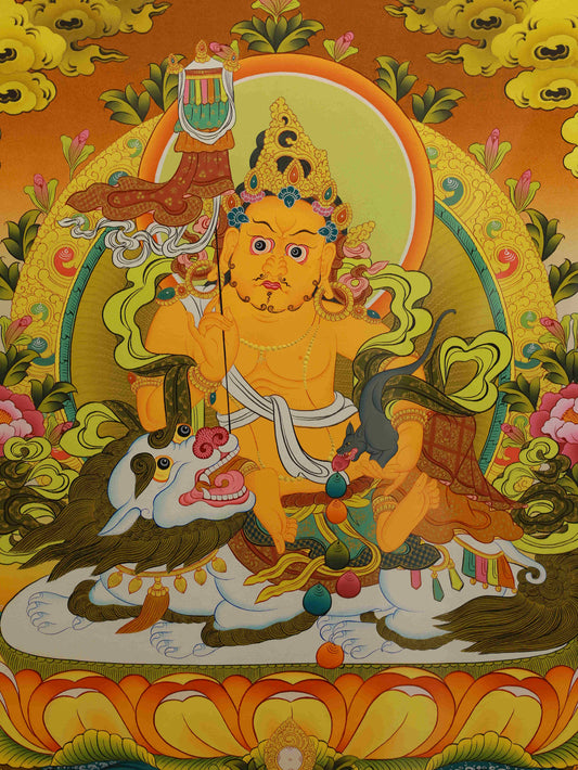 Hand-painted Tibetan Buddhist Newar Yellow Jambhala Thangka Painting – traditional Tibetan thangka of wealth deity.