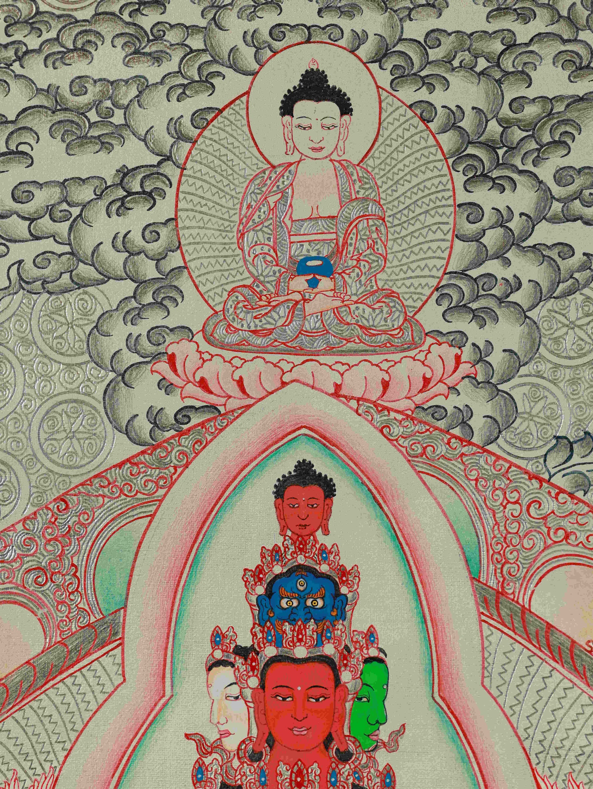 Handmade Tibetan Thangka Painting – Silver Leaf Avalokiteshvara for Buddhist practice and devotion.