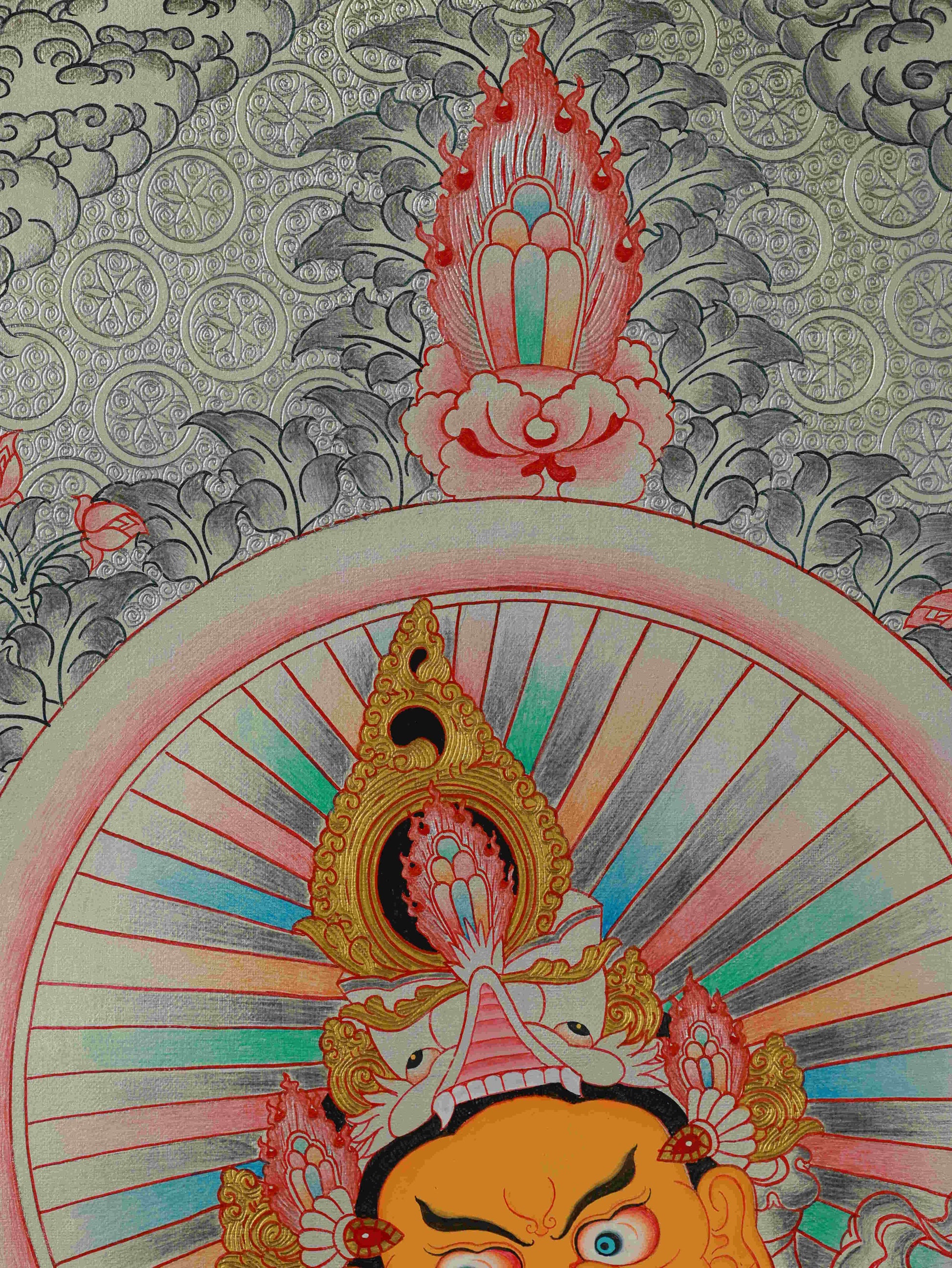 Hand-painted Silver Foil Tibetan Thangka – Yellow Dzambhala Buddhist Art bringing wealth and harmony.