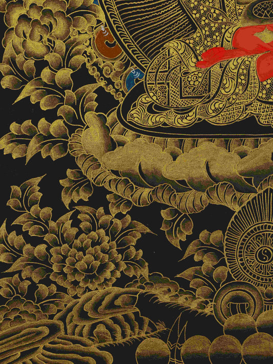 Tibetan Buddhist Amitabha Buddha Thangka Painting in Black and Gold – sacred Buddhist artwork for meditation and enlightenment.