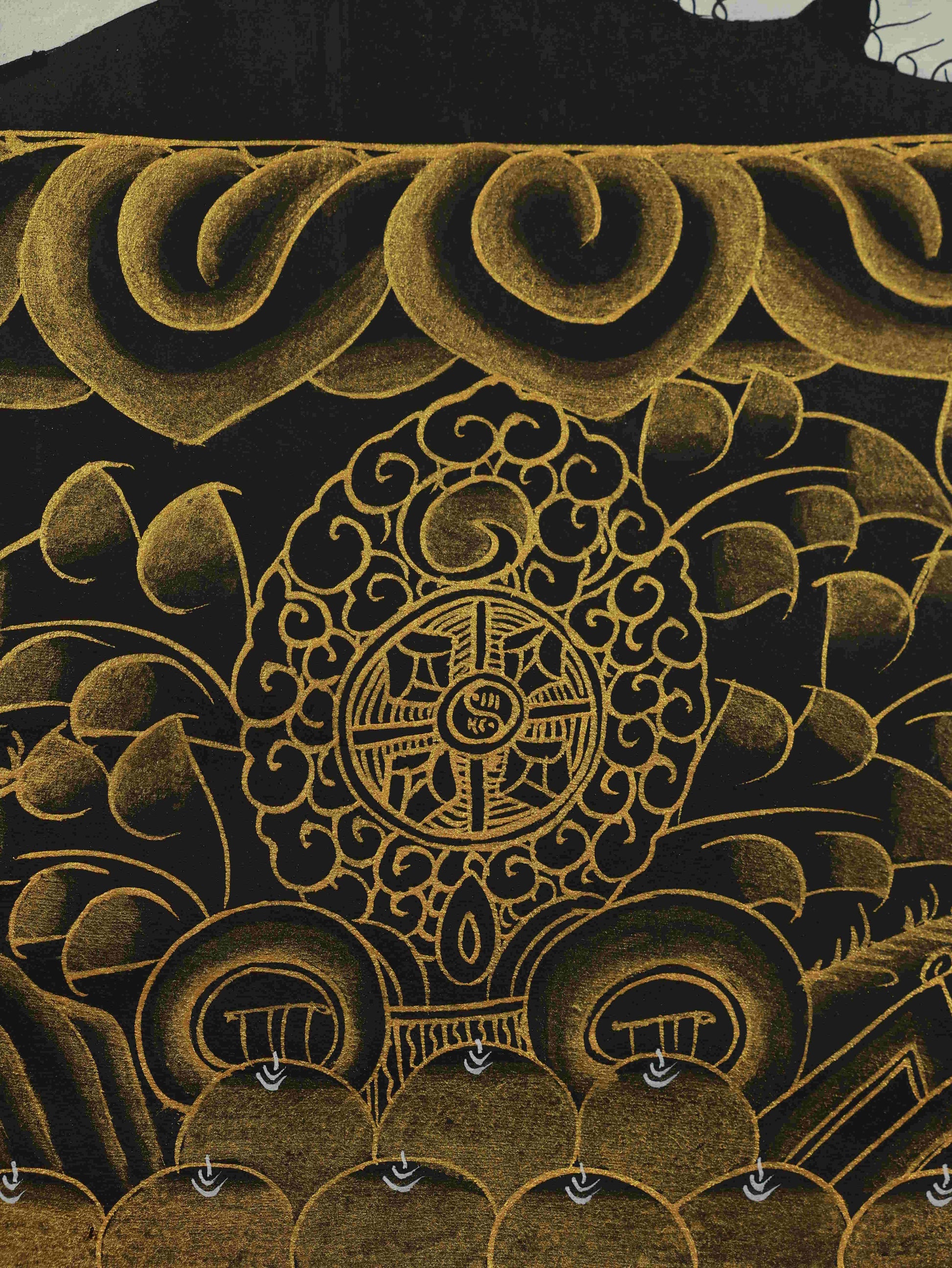 Hand-painted Tibetan Thangka of Samantabhadra Bodhisattva – black and gold sacred Buddhist artwork.