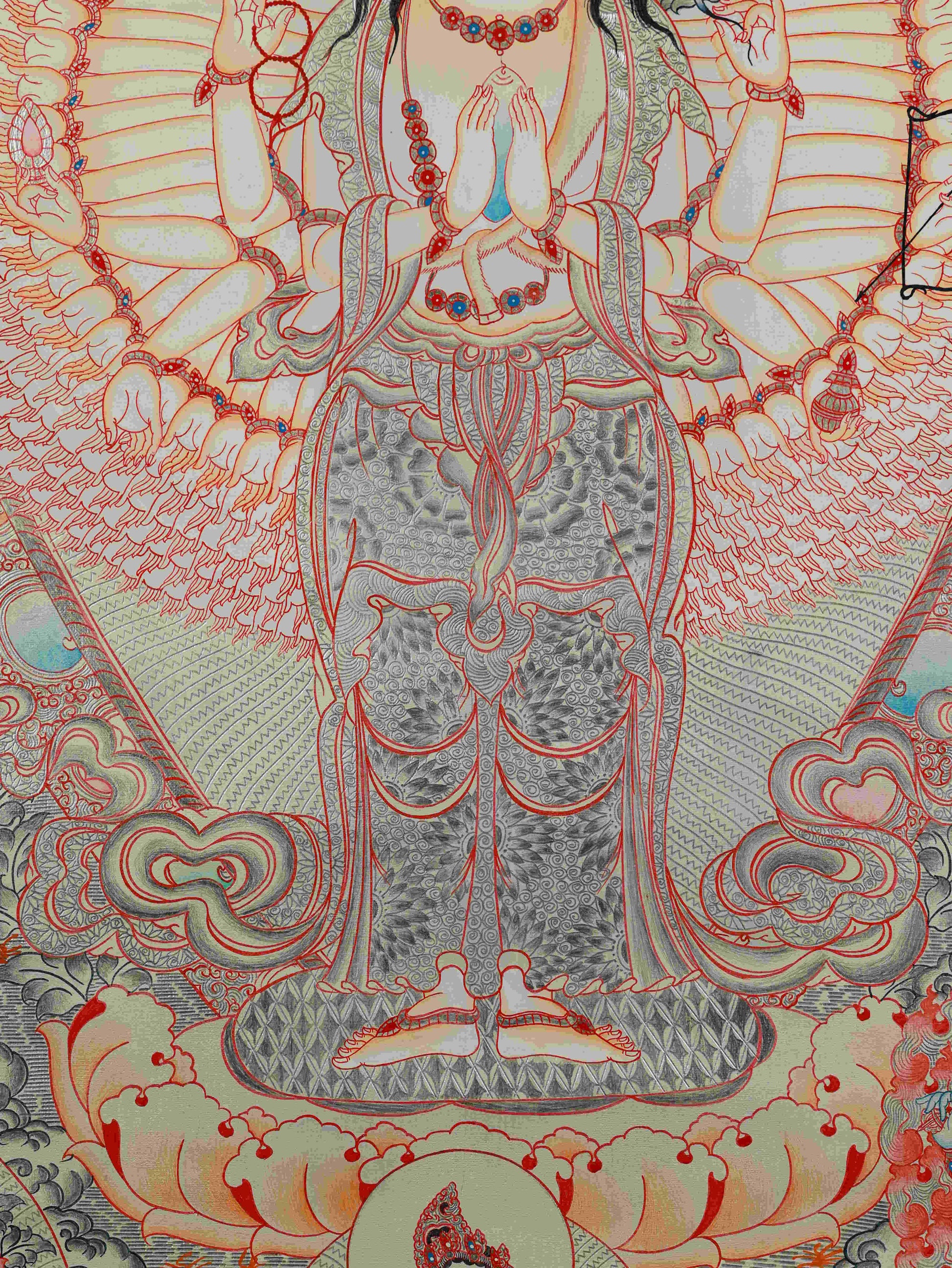 Pure hand-painted Tibetan Buddhist Thangka – Silver Foil Thousand-Hand Guanyin for temple or home altar.