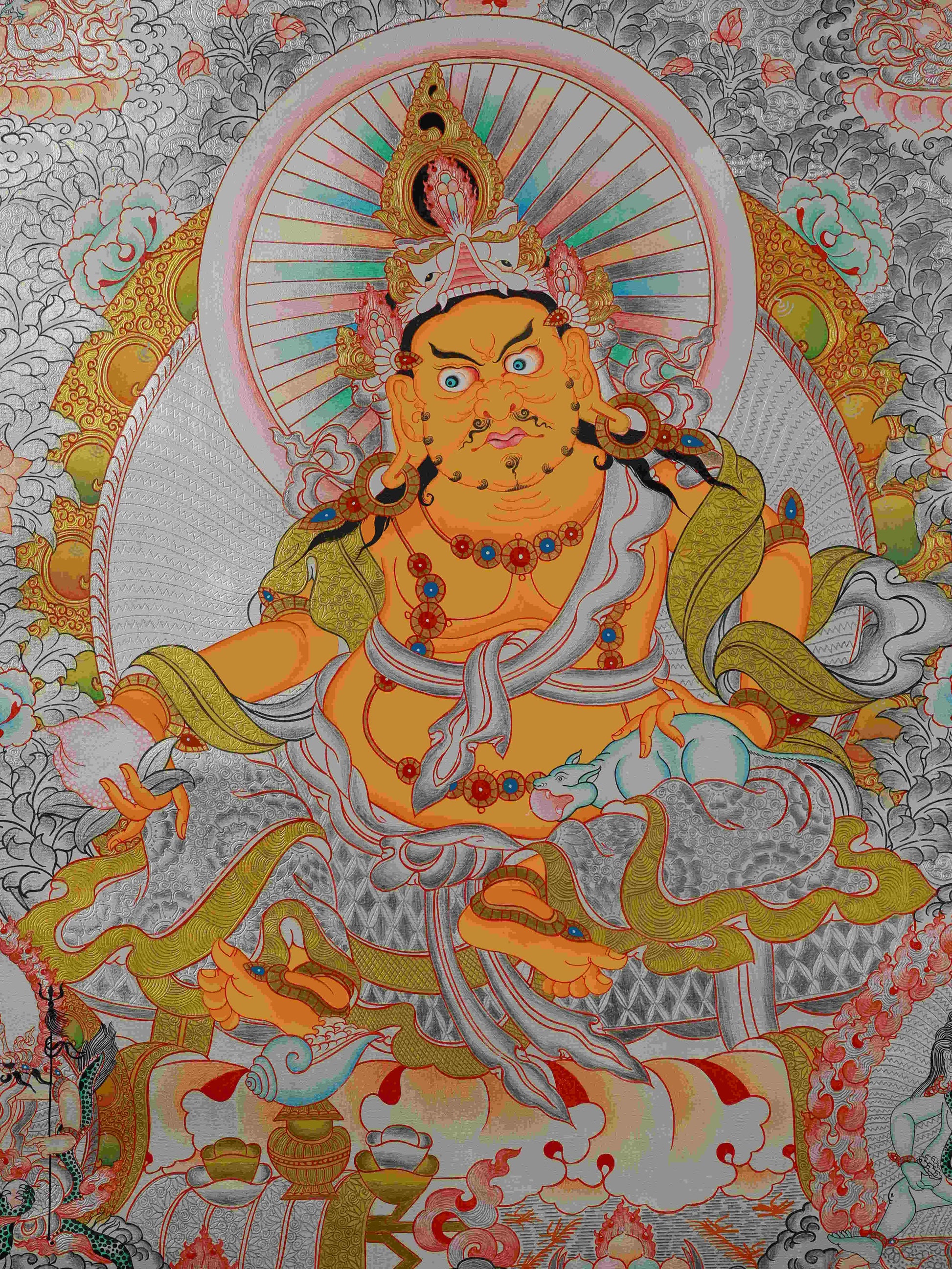 Silver Foil Hand-Painted Yellow Dzambhala – traditional Tibetan Thangka Painting of the wealth god.