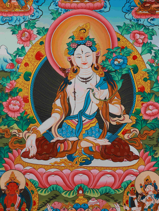 Traditional Tibetan Buddhist Thangka of White Tara - Hand Painted Sacred Art