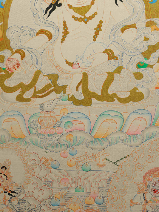 Tibetan Buddhist Yellow Jambhala Silver Foil Thangka – handmade Tibetan thangka painting symbolizing prosperity and abundance.
