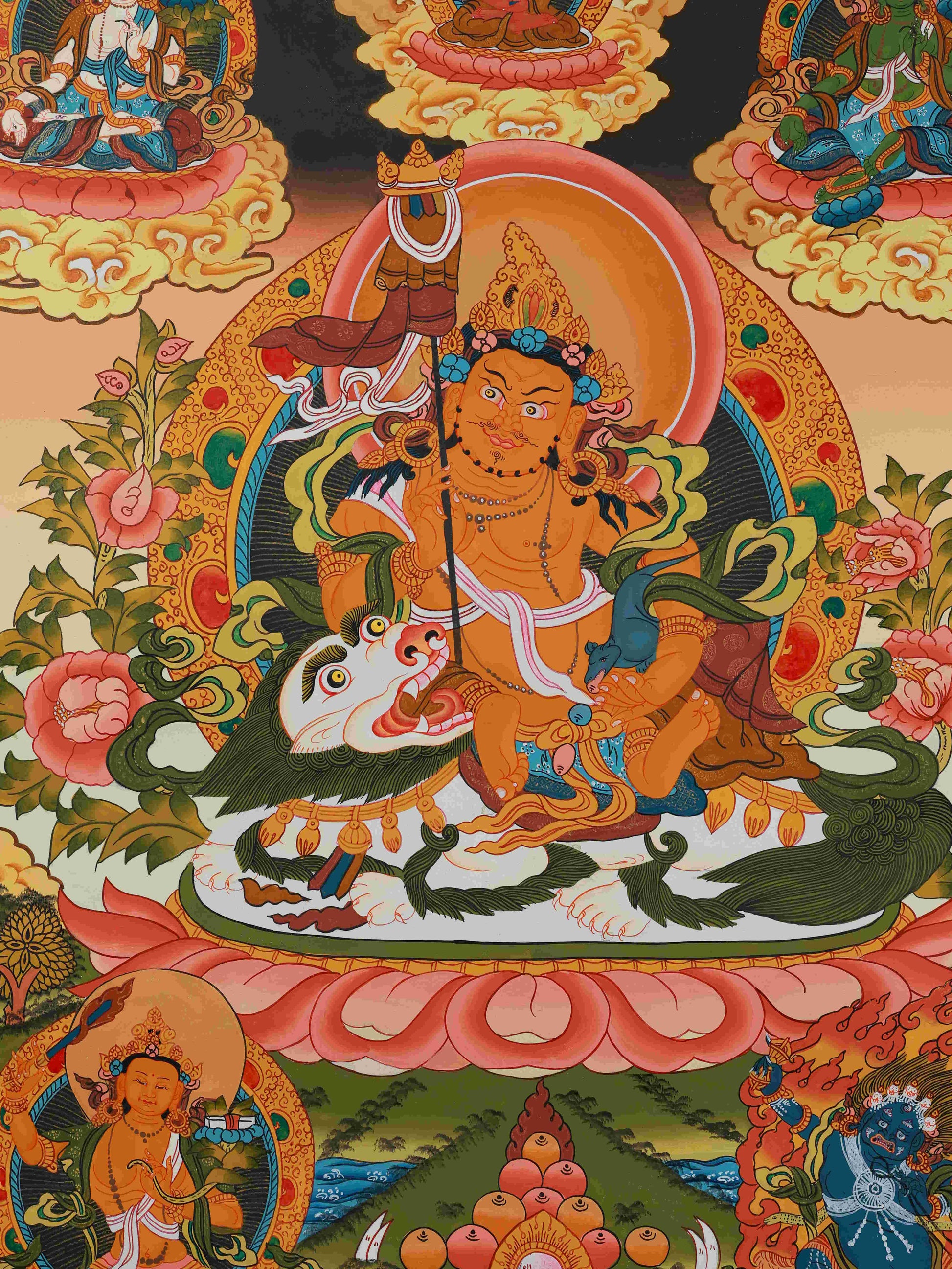Tibetan Buddhist Yellow Jambhala Thangka - Handmade on Traditional Canvas