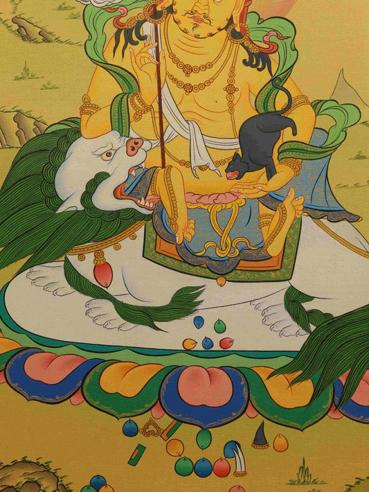 Traditional Tibetan Thangka of Yellow Jambhala - Hand Painted Wealth Blessings