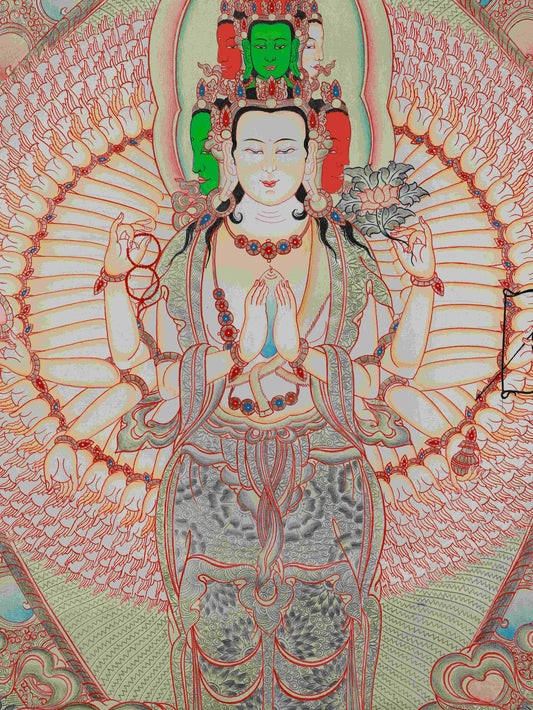 Tibetan Buddhist Avalokiteshvara Thangka Painting with Silver Foil details – sacred thangka artwork for meditation.